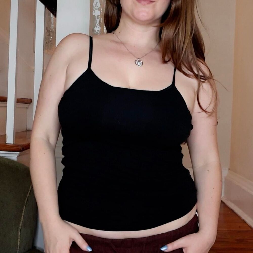 Y2K Black Spaghetti Strap Cami Tank Top Sz Small Shelf Bra Adjustable Layering